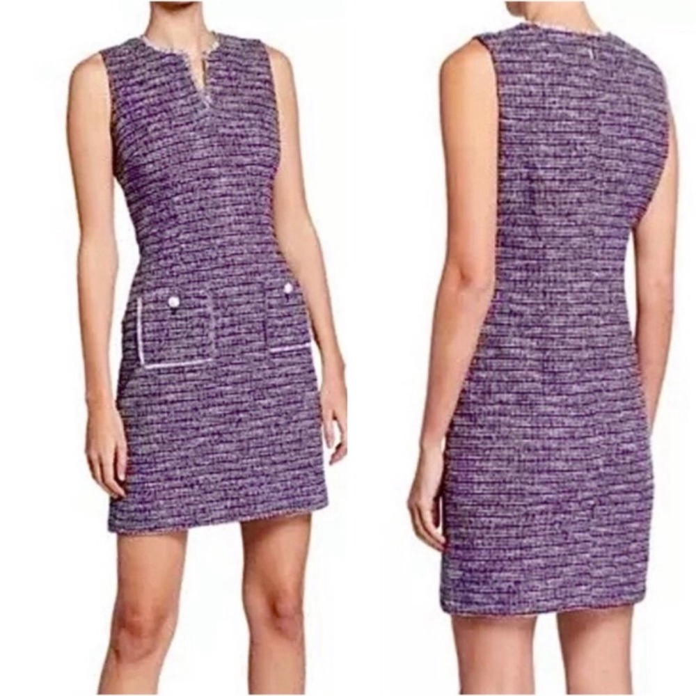 Karl Lagerfeld Paris Tweed Purple Black White Split Neck Sleeveless Shift Dress - Picture 2 of 8